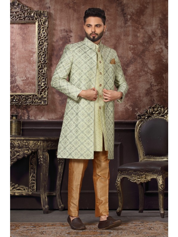 Jacquard Silk IndoWestern Ready Made Dress in Pastel Green Color 