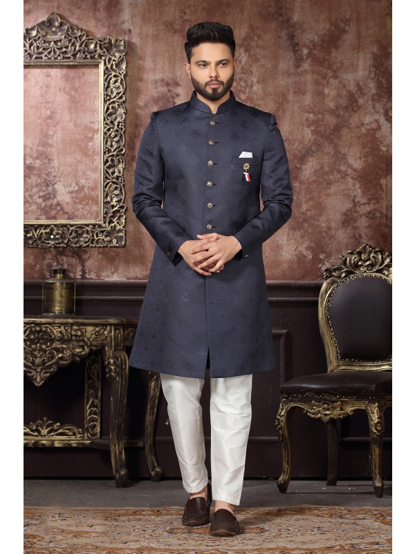 Jacquard Silk IndoWestern Ready Made Dress in Navy Blue Color 