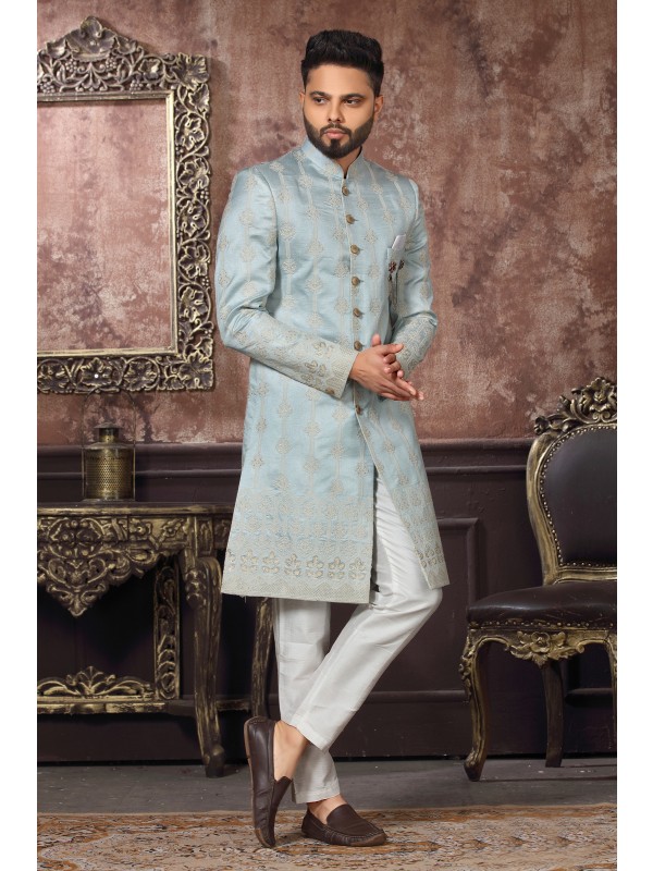 Jacquard Silk IndoWestern Ready Made Dress in Sky Blue Color 
