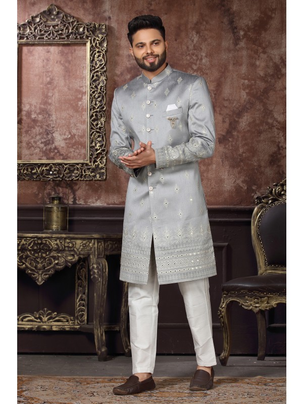 Jacquard Silk IndoWestern Ready Made Dress in Grey Color 