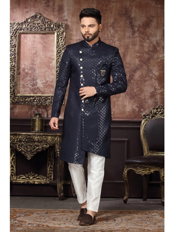 Heavy Imported Silk IndoWestern Ready Made Dress in Navy Blue Color 