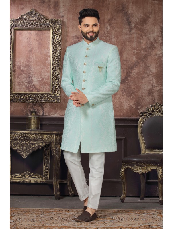 Jacquard Silk IndoWestern Ready Made Dress in Sky Blue Color 
