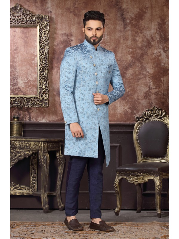Jacquard Silk IndoWestern Ready Made Dress in Sea Blue Color 