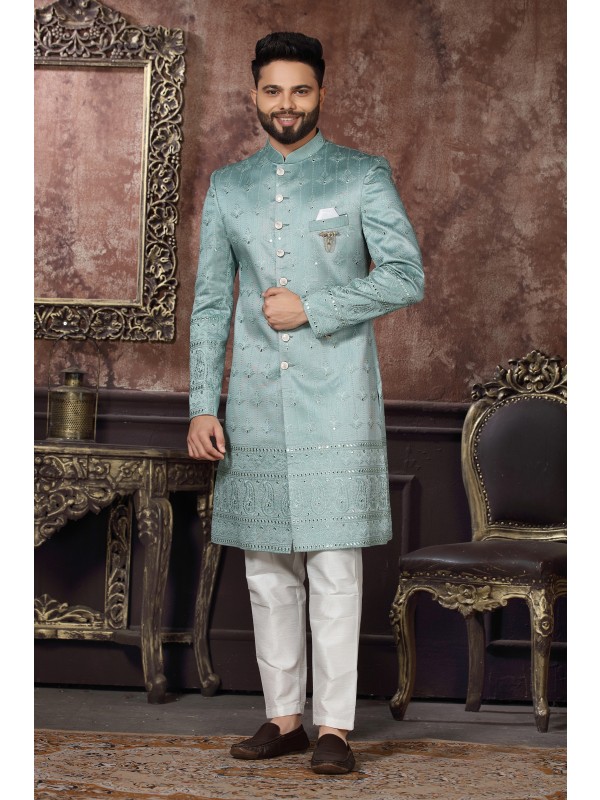 Jacquard Silk IndoWestern Ready Made Dress in Sea Blue Color 