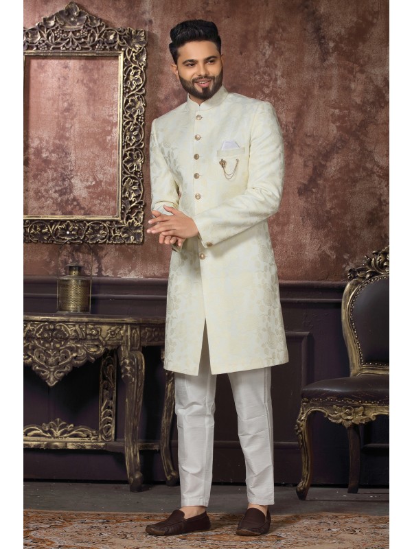 Jacquard Silk IndoWestern Ready Made Dress in Off White Color 