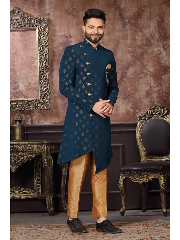 Jacquard Silk IndoWestern Ready Made Dress in Teal Blue Color 
