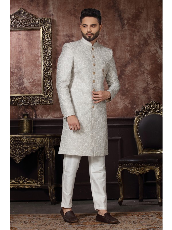 Jacquard Silk IndoWestern Ready Made Dress in Off White Color 