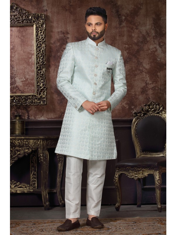 Jacquard Silk IndoWestern Ready Made Dress in Sky Blue Color 