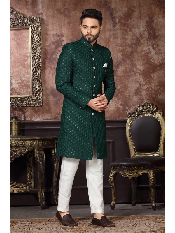 Heavy Imported Silk IndoWestern Ready Made Dress in Bottle Green Color 