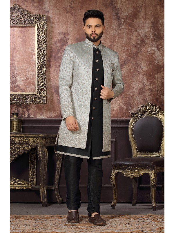 Heavy Imported Silk IndoWestern Ready Made Dress in Grey & Black Color 
