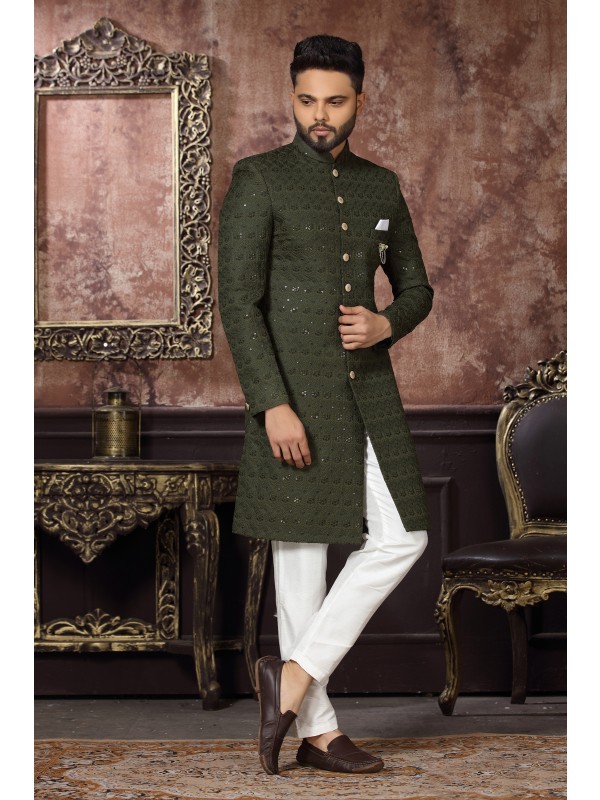Heavy Imported Silk IndoWestern Ready Made Dress in Mehendi Green Color 