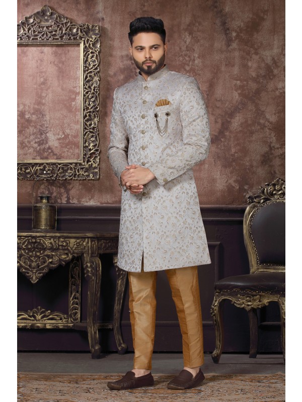 Jacquard Silk IndoWestern Ready Made Dress in Grey Color 