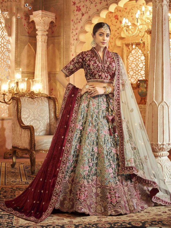 Pure Micro Velvet Bridal  Wear Lehenga In Grey Color With Embroidery Work 