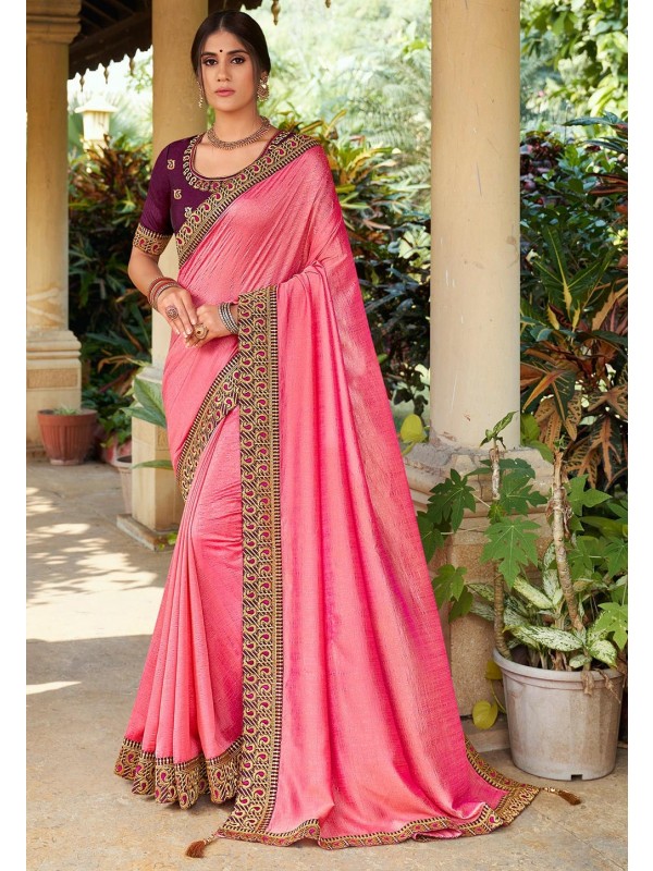 Silk Fabric Party Wear Saree In Pink Color With Embroidery Work