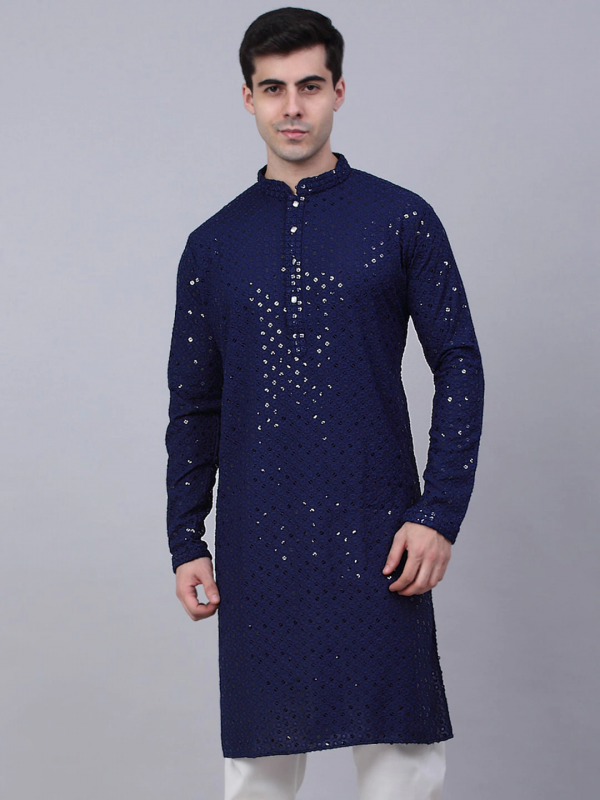 Heavy Rayon Readymade Kurta in Navy Blue with Embroidery Work