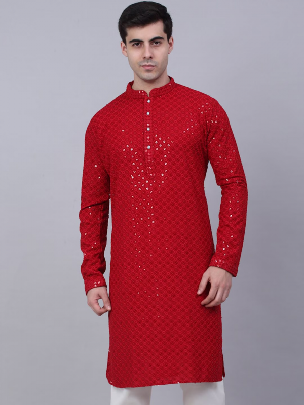 Heavy Rayon Readymade Kurta in Red with Embroidery Work