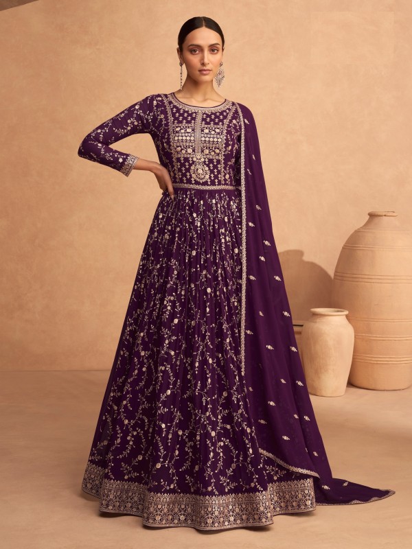 Pure Georgette Fabrics Party Wear Readymade Gown In Purple Color With Embroidery Work