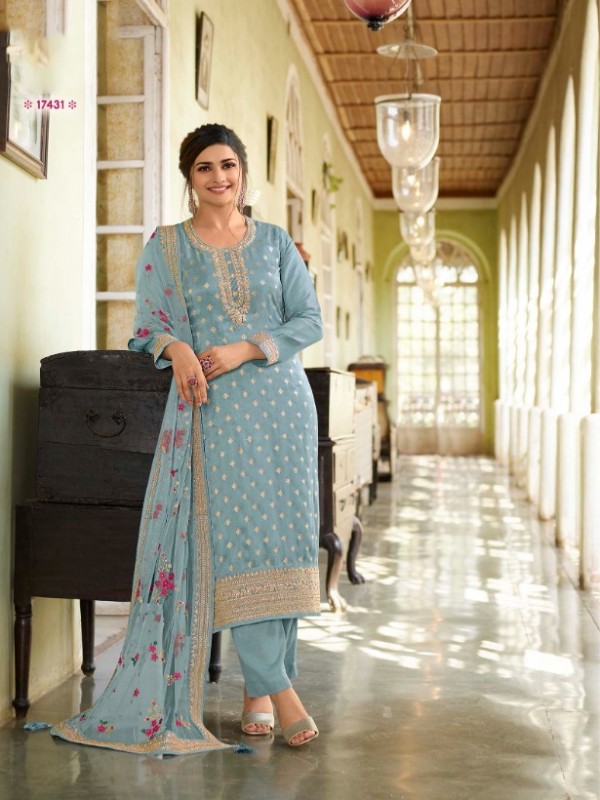 Dola Silk  Party Wear Suit In Blue With Embroidery Work 