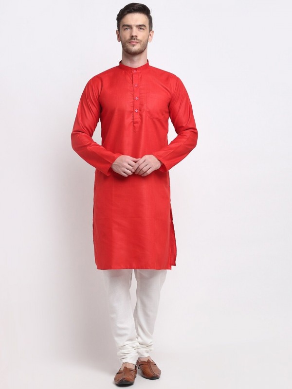 Cotton Silk Readymade Kurta set in Red 