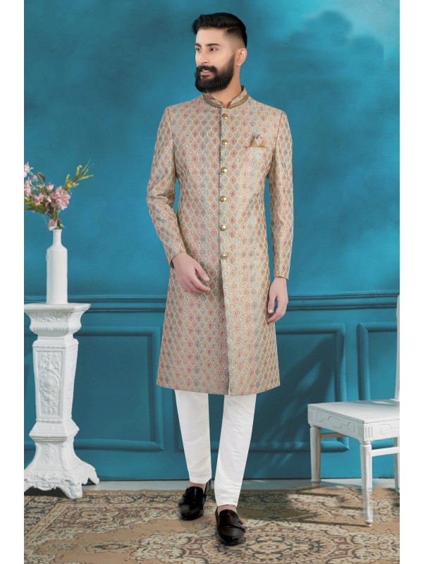 Heavy Imported Silk IndoWestern Ready Made Dress in Beige Color 