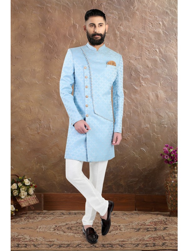Heavy Imported Silk IndoWestern Ready Made Dress in Sky Blue Color 