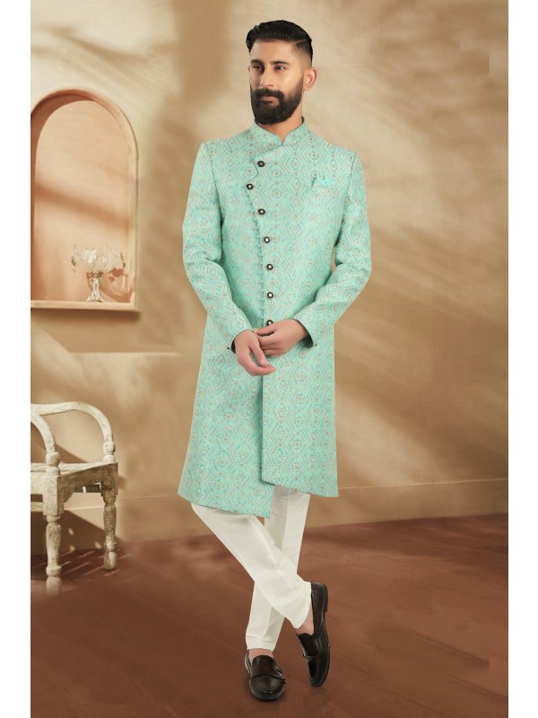 Heavy Imported Silk IndoWestern Ready Made Dress in Firozi Color 