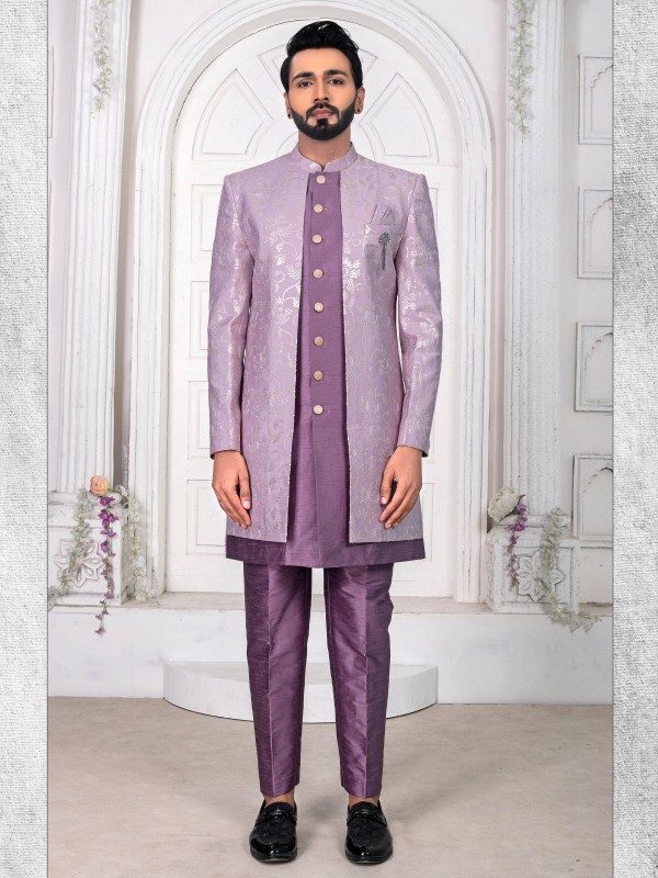 Pure Silk IndoWestern Ready Made Dress in Purple Color with Embroidery work 