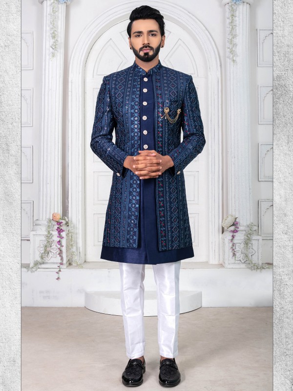 Pure Silk IndoWestern Ready Made Dress in Blue Color with Embroidery work 