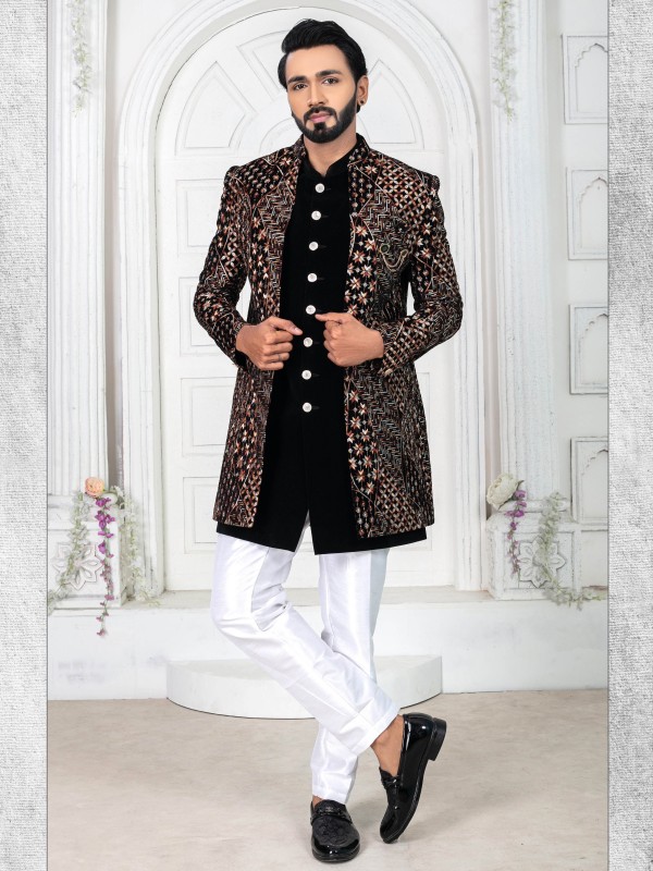 Pure Micro Velvet IndoWestern Ready Made Dress in Black Color with Embroidery work 
