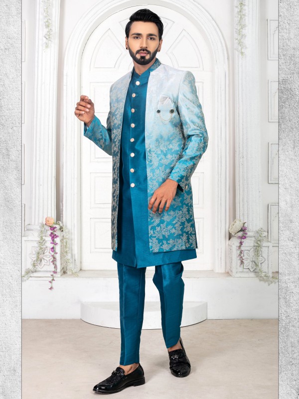 Jacquard Silk IndoWestern Ready Made Dress in Pastel Blue color  