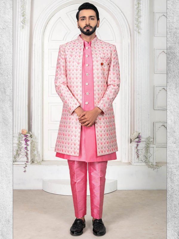 Pure Silk IndoWestern Ready Made Dress in Pink Color with Embroidery work 