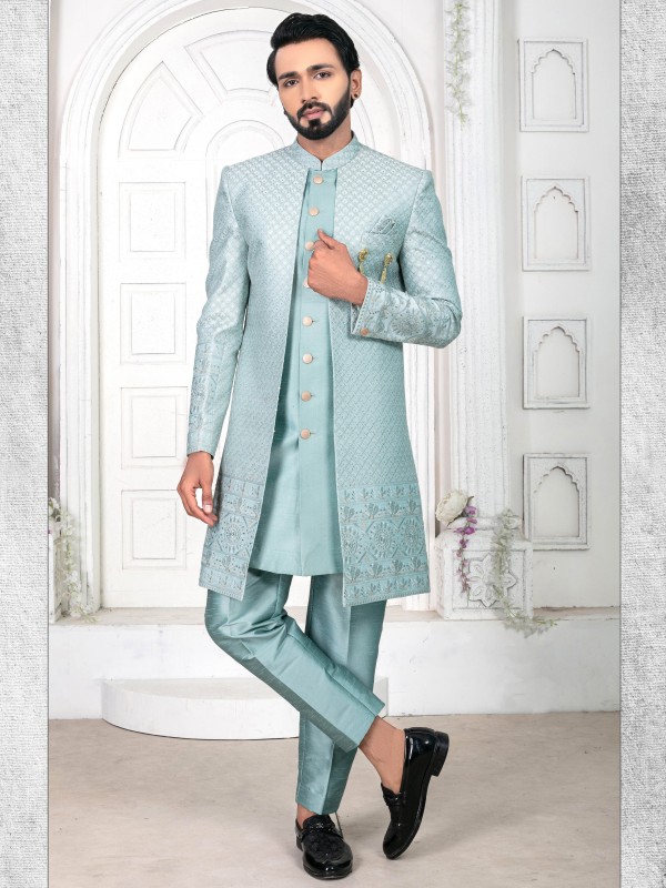 Pure Silk IndoWestern Ready Made Dress in Seafoam Blue Color with Embroidery work 