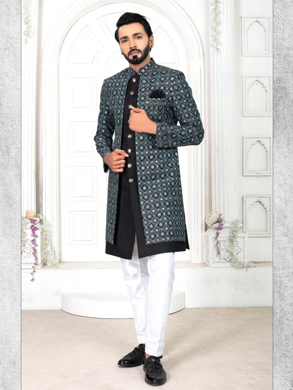 Pure Silk IndoWestern Ready Made Dress in Black & Grey Color with Embroidery work 
