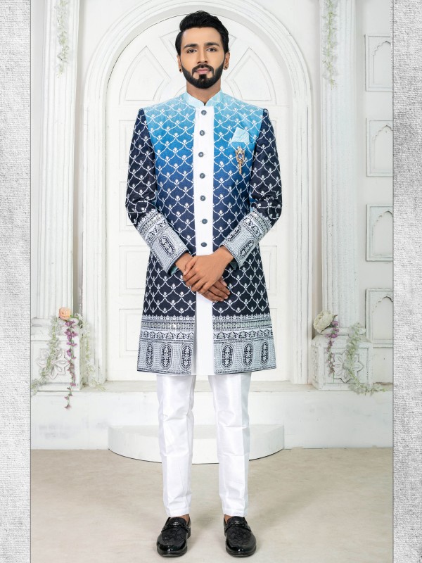 Pure Silk IndoWestern Ready Made Dress in Blue & White Color with Embroidery work 