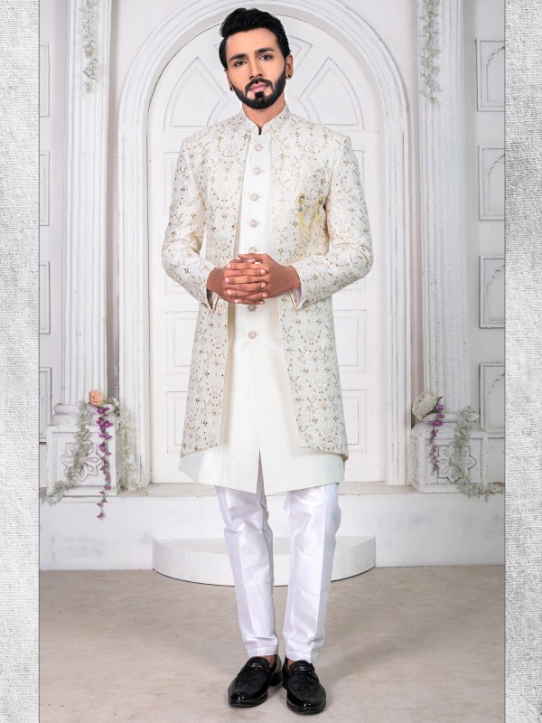Pure Silk Velvet IndoWestern Ready Made Dress in White Color with Embroidery work 