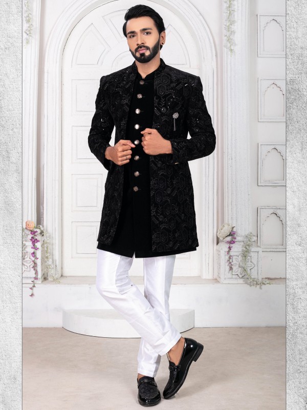 Pure Micro Velvet IndoWestern Ready Made Dress in Black Color with Embroidery work 