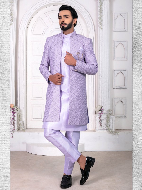 Pure Silk IndoWestern Ready Made Dress in Violet Color with Embroidery work 