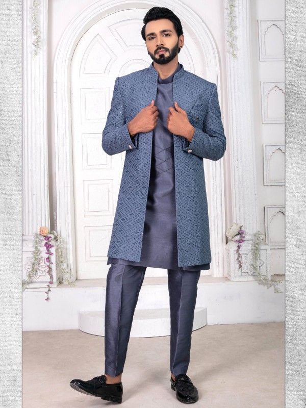 Pure Silk IndoWestern Ready Made Dress in Grey Color with Embroidery work 