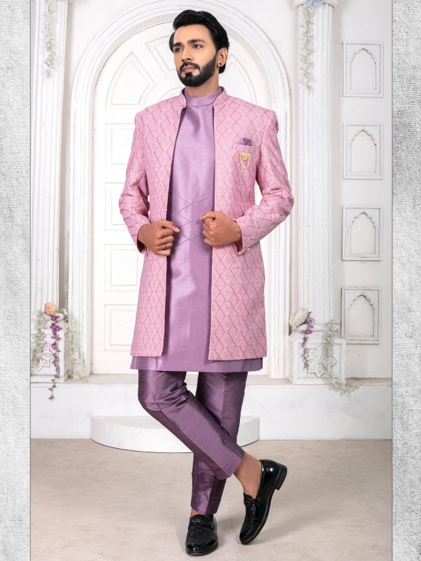 Pure Silk IndoWestern Ready Made Dress in Lavender Color with Embroidery work 