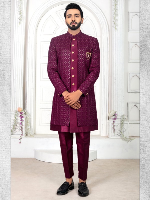 Pure Silk IndoWestern Ready Made Dress in Wine Color with Embroidery work 