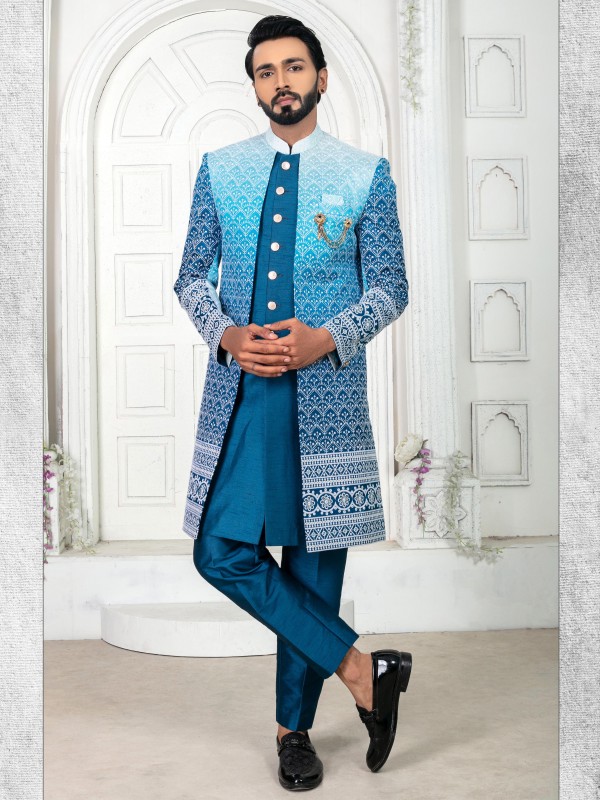 Pure Silk IndoWestern Ready Made Dress in Sea Blue Color with Embroidery work 