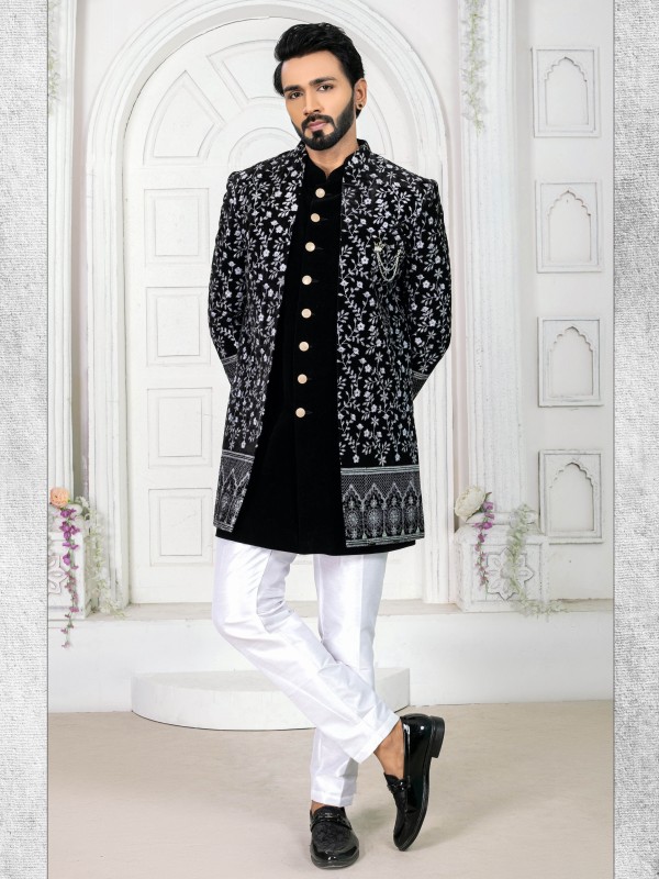Pure Micro Velvet IndoWestern Ready Made Dress in Black & White Color with Embroidery work 