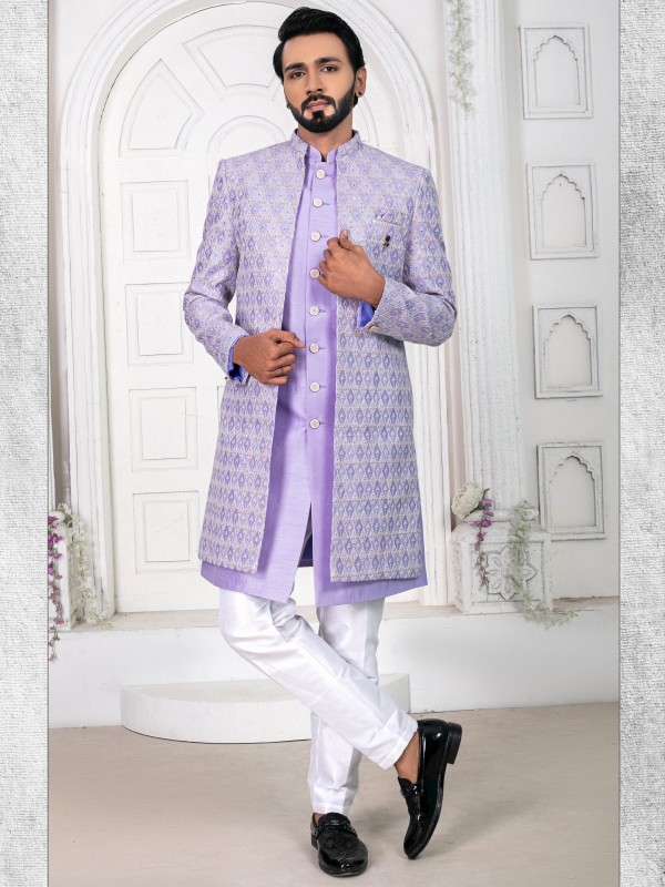 Pure Silk IndoWestern Ready Made Dress in Violet Color with Embroidery work 