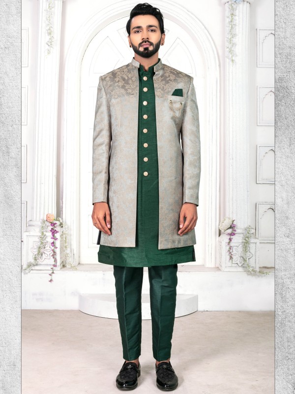 Jacquard Silk IndoWestern Ready Made Dress in Green & Grey color  