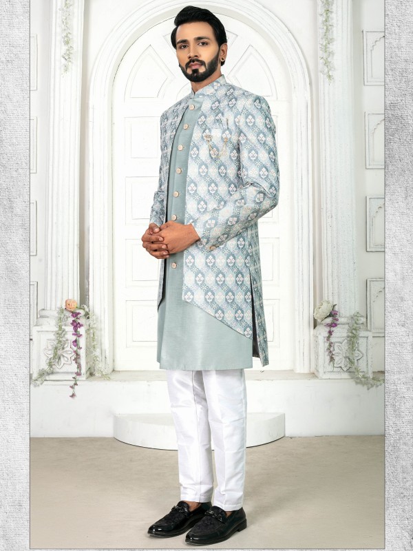 Pure Silk IndoWestern Ready Made Dress in Sea Green Color with Embroidery work 