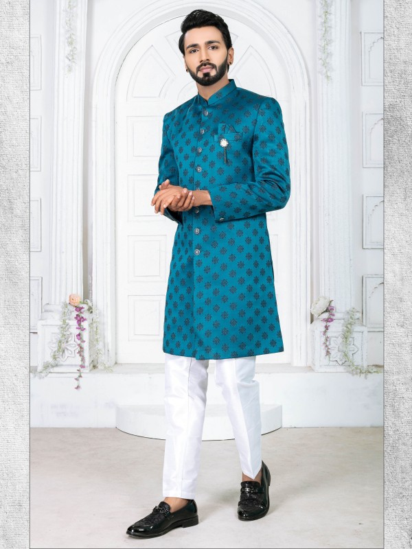 Jacquard Silk IndoWestern Ready Made Dress in Peacock color  