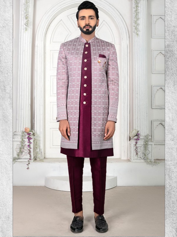 Jacquard Silk IndoWestern Ready Made Dress in Wine color  