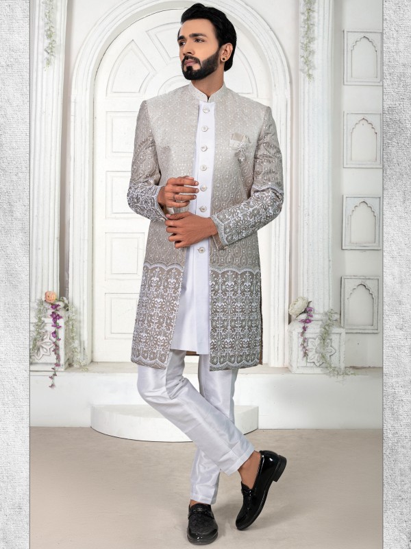 Pure Silk IndoWestern Ready Made Dress in White & Grey Color with Embroidery work 
