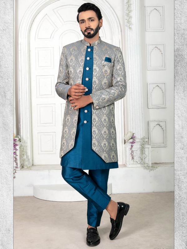 Jacquard Silk IndoWestern Ready Made Dress in Teal color  