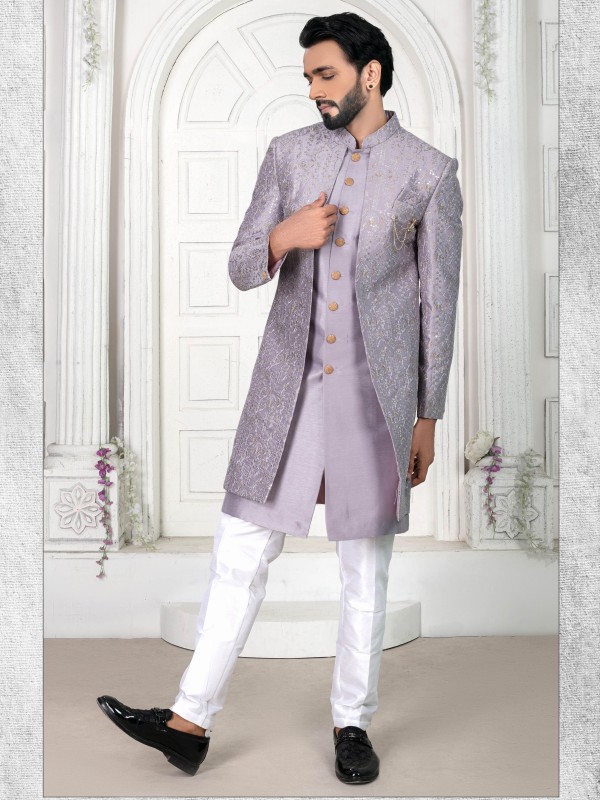 Pure Silk IndoWestern Ready Made Dress in Lavender Color with Embroidery work 
